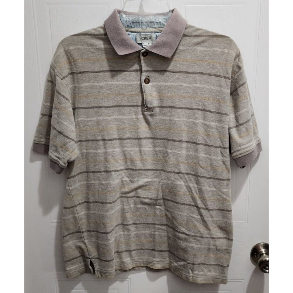 J Crew Gray Striped Short Sleeve Collard Polo Shirt Size Large‎ 100% Cotton